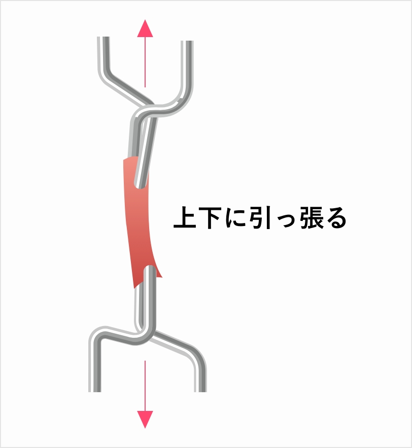 上記の「切り取った心臓の血管の一部」の両端を下図のようにクリップで挟み、上下に引っ張る